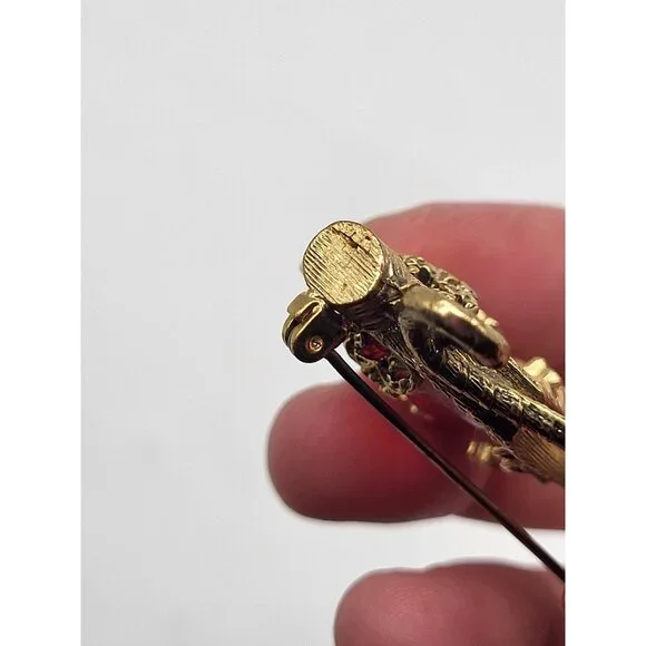 VTG Figural Ornate Perfume Bottle Pin Brooch Gold Tone Red Glass Faceted Stone - Picture 8 of 8